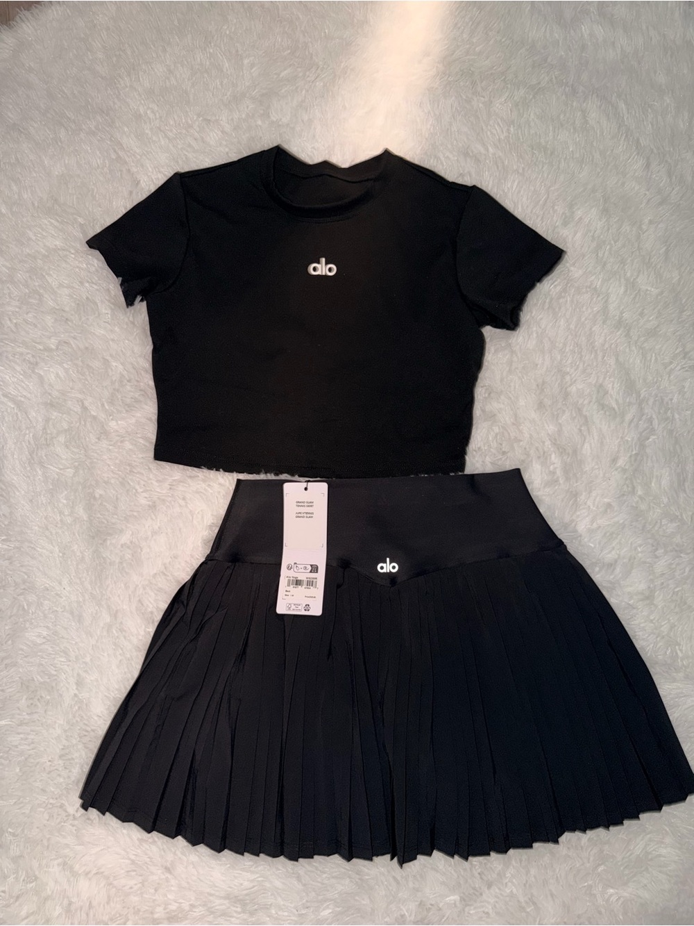 ALO Yoga Black Pleated Skater Skirt with High Waistband